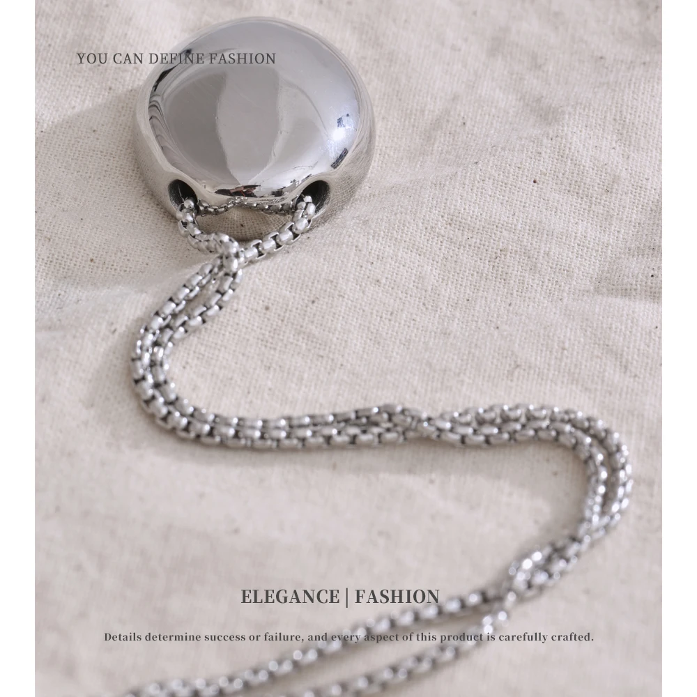 NiNice Minimalist Smooth Stainless Steel Metal Oval Pendant Necklace Rust Proof Long Unisex Sweater Chain Jewelry