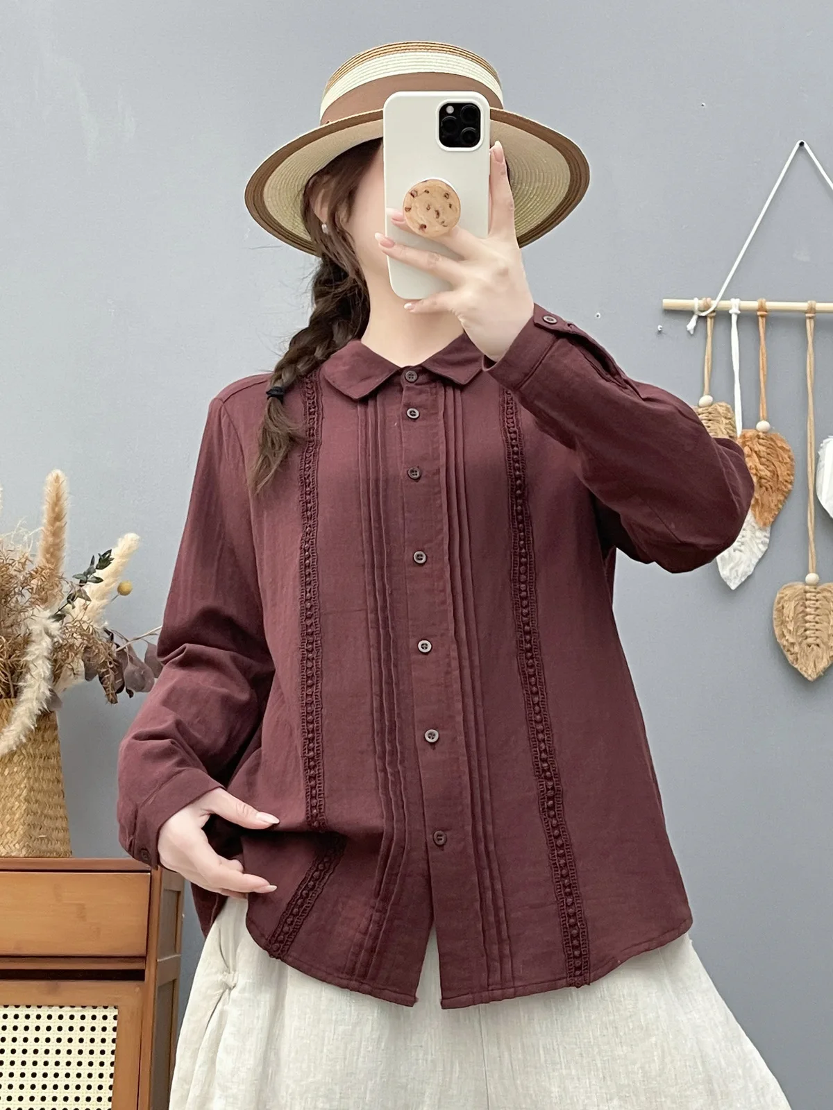 

New 2026 Summer Women Cotton Yarn Long Sleeve Shirt, Turn-down Collar Lace, Mori Girl Fashion Casual Thin Loose Blouse T64187CC