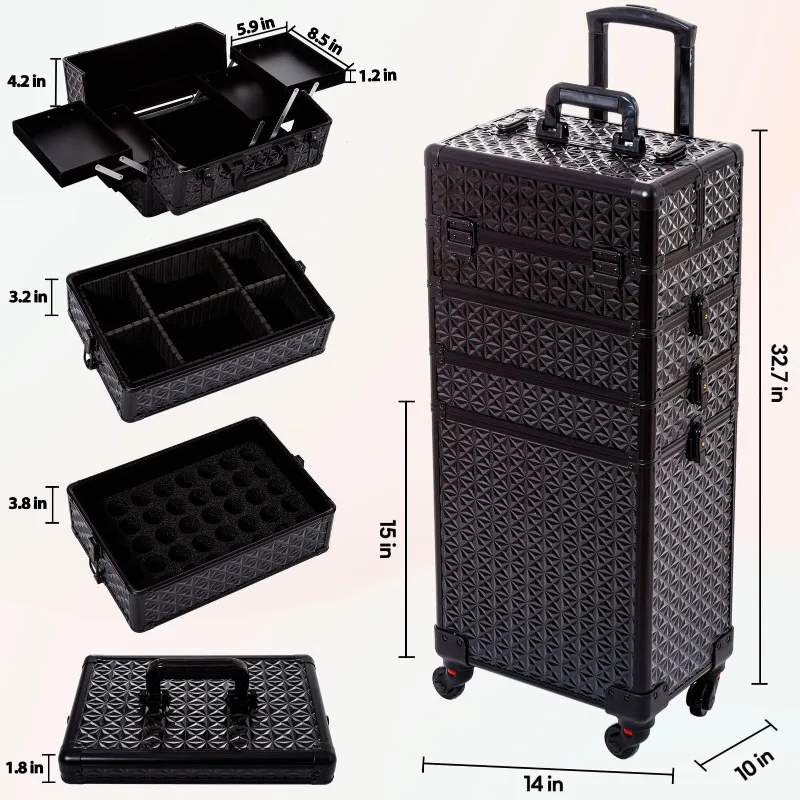 Maletín de Maquillaje Rodante 5 en 1, Carro de Cosméticos Transformable, Maletín de Maquillaje Profesional con Ruedas, Maletín de Cosméticos Extra Grande