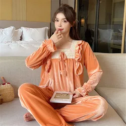 Velvet Pajamas Women Autumn Winter Sleepwear Long Sleeve Pullover Pants Casual Nightwear Loose Home Clothes Sleep Set