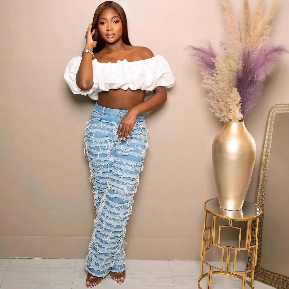 

Euro-American Style Fashion Washed Distressed Straight Leg Denim Jeans 2026 Spring Women's High Rise Loose Design Sense Jeans