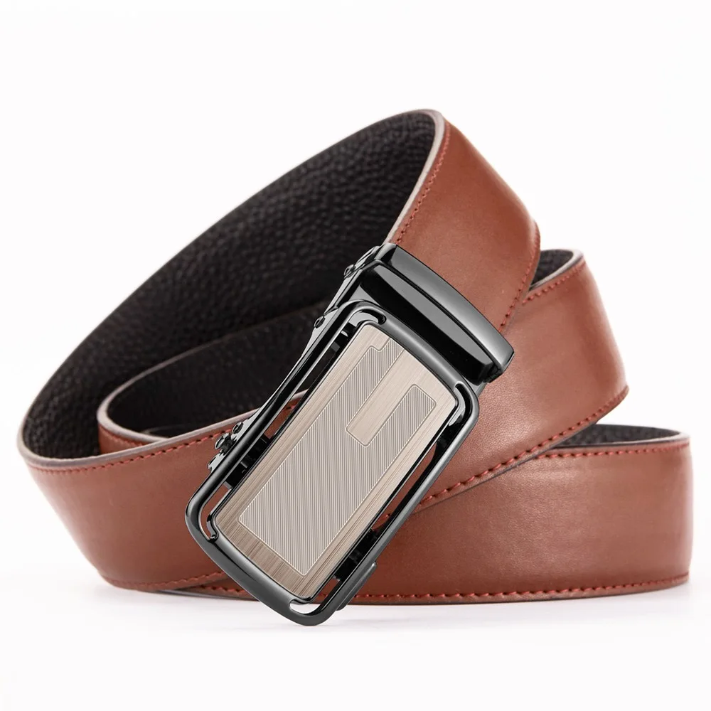 حزام رجالي من الجلد الطبيعي مع طبقة علوية من جلد البقر وحزام بإبزيم معدني أوتوماتيكي، حزام عمل عصري وغير رسمي + صندوق هدايا