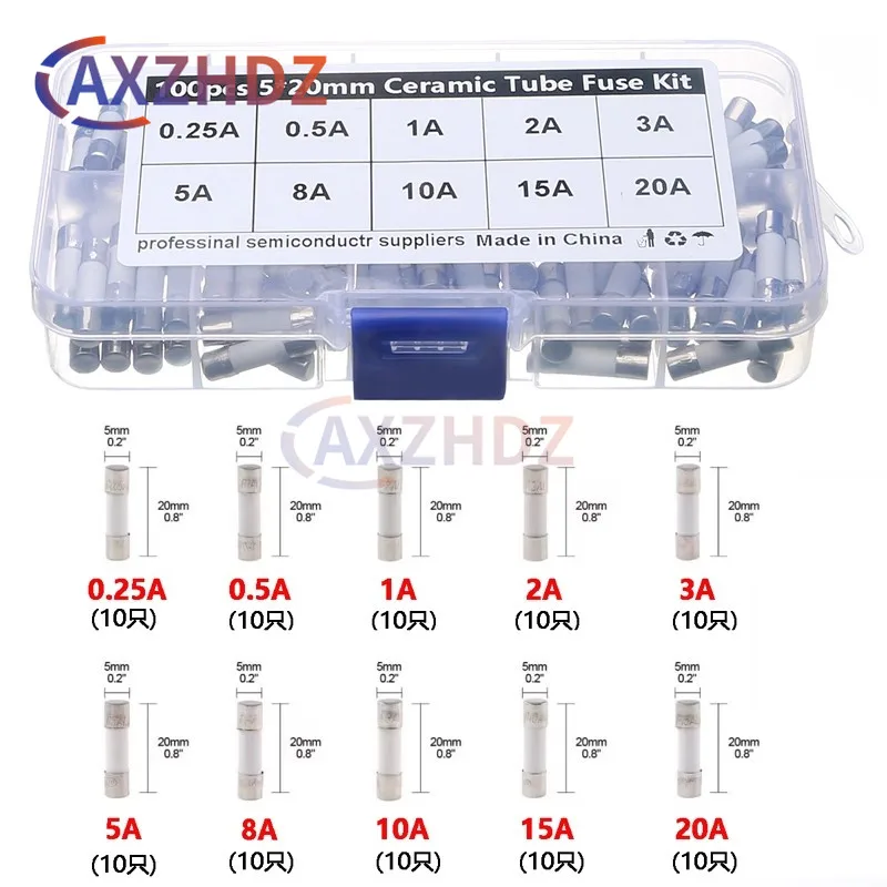 

100PCS 10 Kinds Fast Ceramic Fuses Kit 250V 5mm x 20mm 0.25A 0.5A 1A 2A 3A 5A 8A 10A 15A 20 AMP Fuse Tube Assortment ibuw