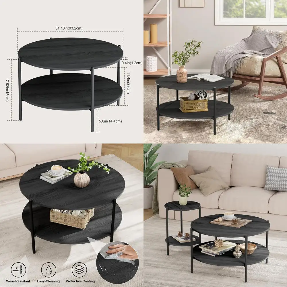 

Double-Layered 31 Circular Coffee Table with Storage Shelf for Living Room, Bedroom, or Office in Grey