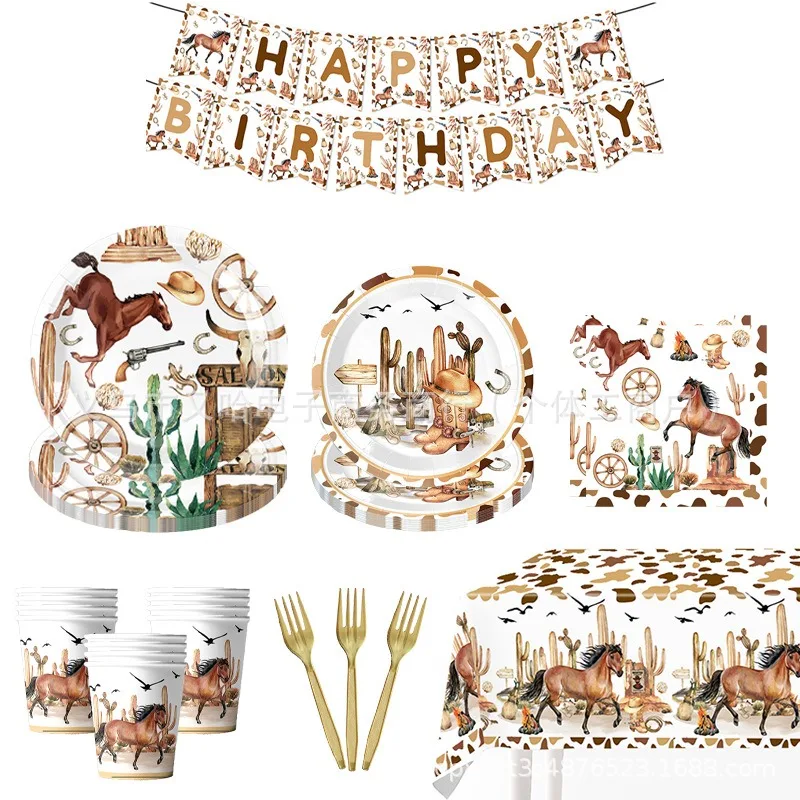 

10Guests Racing Horse Disposable Tableware West Cowboy Horse Plates Napkins Happy Cowboy Cowgirl Birthday Party Supplies