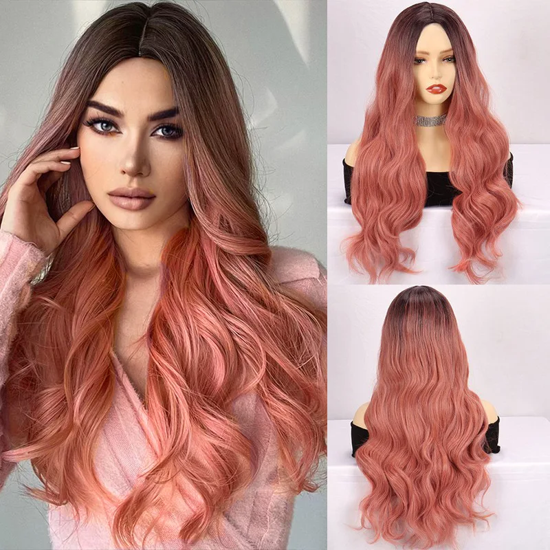 

Fashion female long curly hair big wave gradient smoke pink chemical fiber headgear Wigs