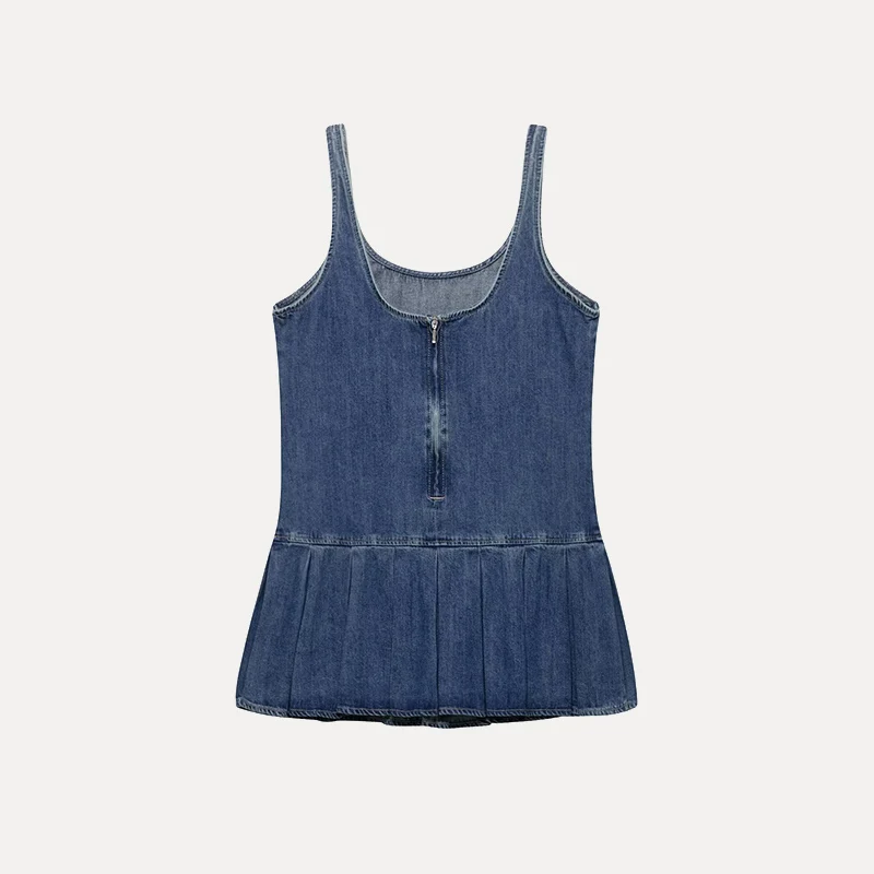 Frühling 2025, Faion, breiter Falten-Oulder-Träger, rund, Ne Denim Dr, Damen-Sle-Ele-Rock, Einzelstück, No Sve, Polye...