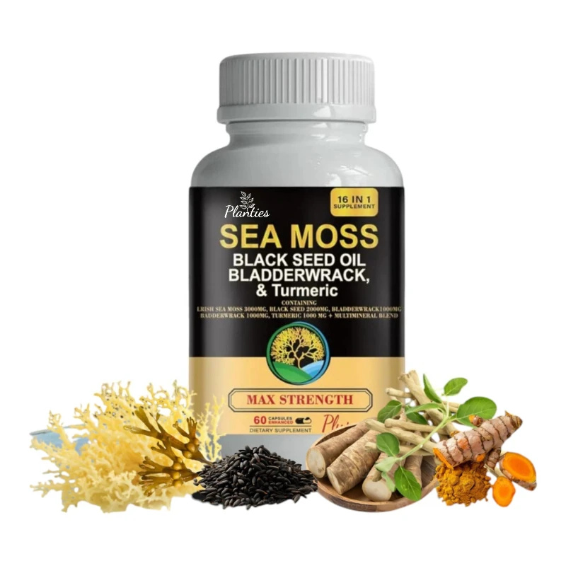 

Масло черного семян морского моха, органические капсулы из морских водорослей, содержащие корни лопуха, мочевой пузырь, куркумы и различные минеральные добавки