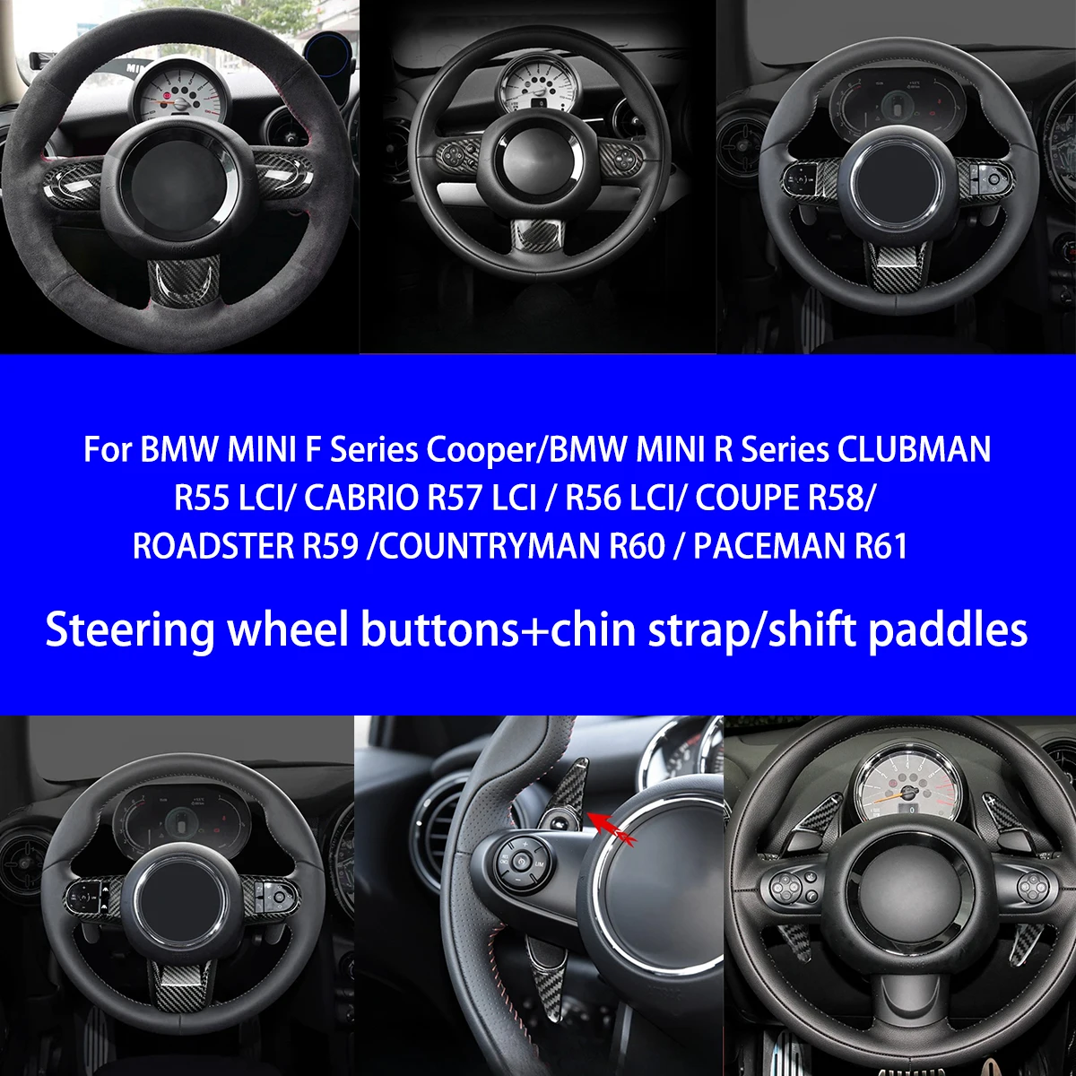 

For BMW MINI F Series Cooper R Series R55 R57 R56 R58 R59R60R61 Dry Carbon Fiber Steering Wheel Buttons+chin/shift Paddle Trims