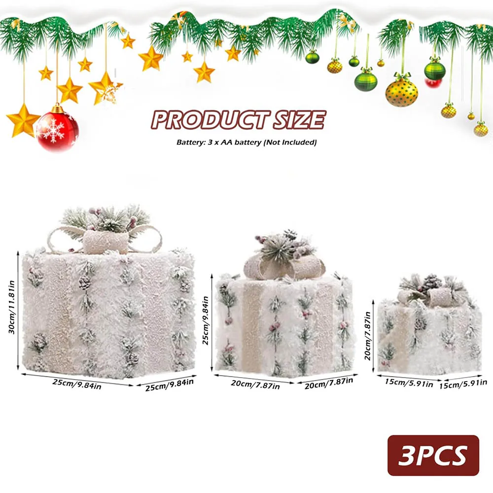 3PC Christmas Lighted Gift Boxes,Pre-lit 60 LED Light Up Present Ornament Tinsel Boxes for Indoor Christmas Home Yard Lawn Decor