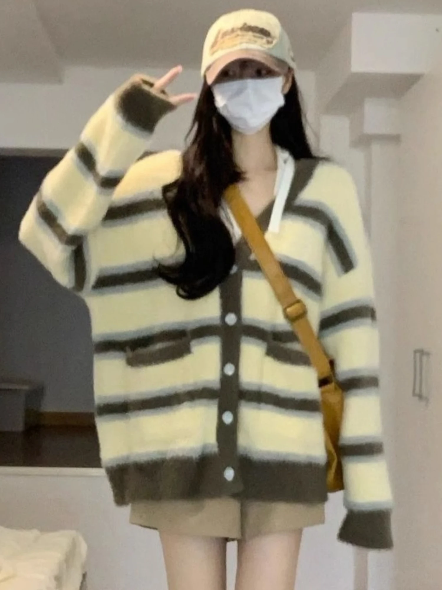 Korean Style Lazy Striped Knitted Open Cardigan Women's Spring Autumn V-Neck Button Sweater Jacket Loose Top for Various Occa...