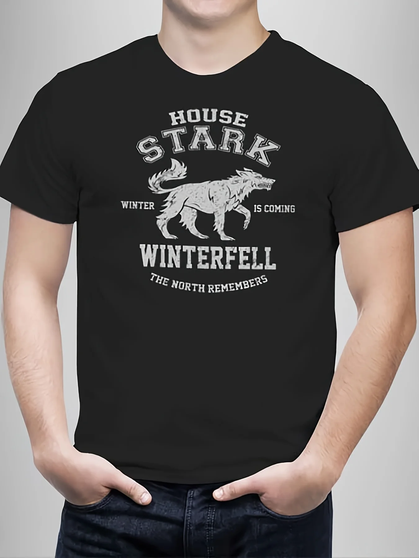 Top PickLocalHouse Stark 244394 Funny Men's Short Sleeve Graphic T-Shirt Series Black BB Crew Neck, Casual Style, Slight Stretch