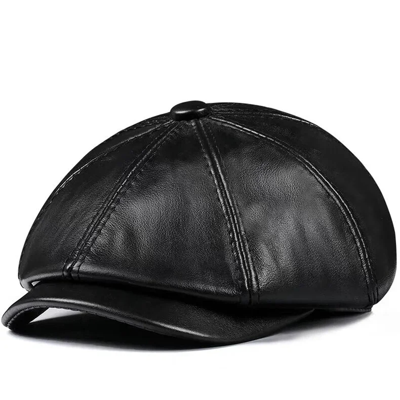 New 2024 Genuine Leather Hat Cap Cowhide Beret Warm Cotton Men Padding Brand Brown/Black Duck Hat