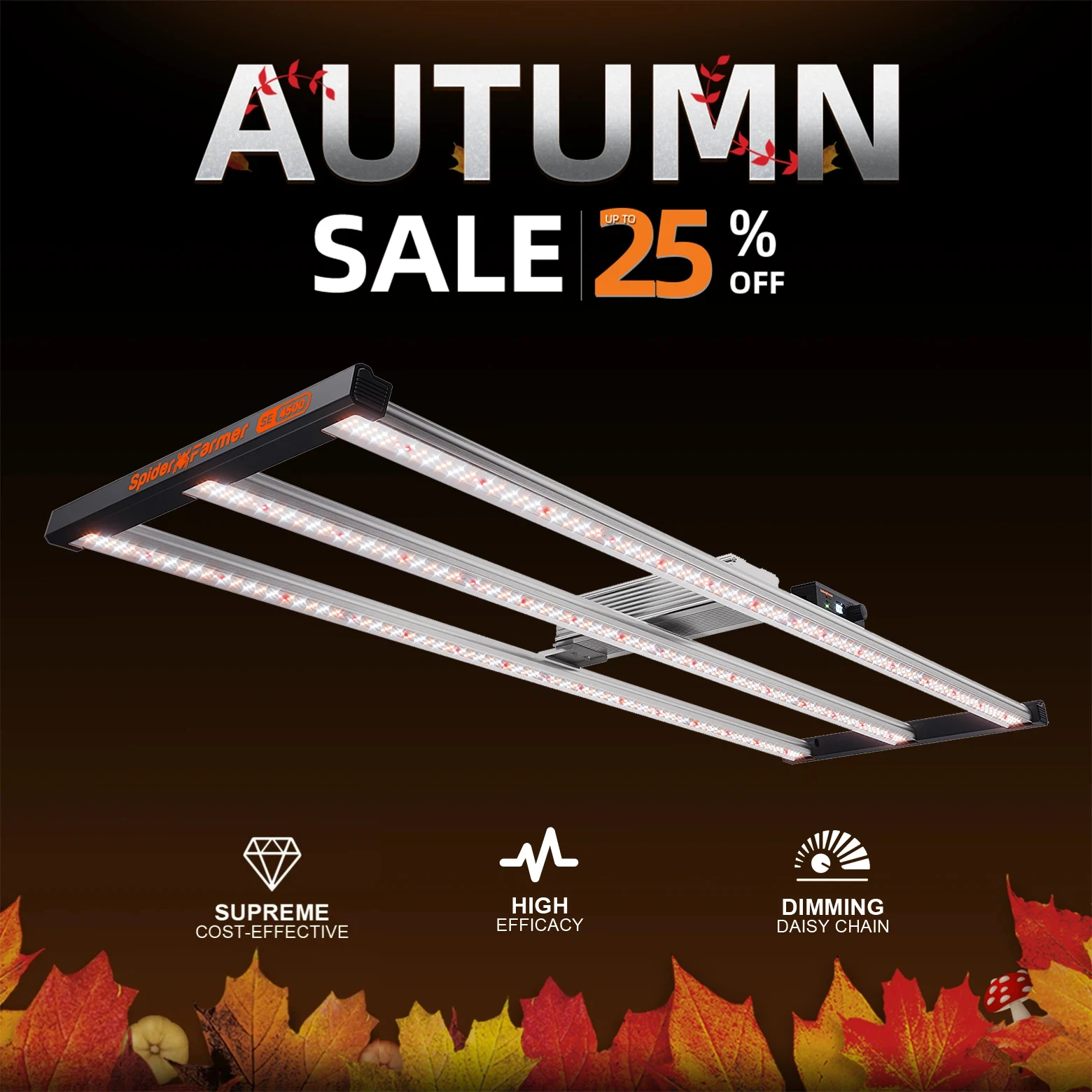 Spider Farmer SE4500 320W LED Grow Light Bar 2.85 µmol/J for 120x60cm Rectangular Coverage Dimmable with App Control