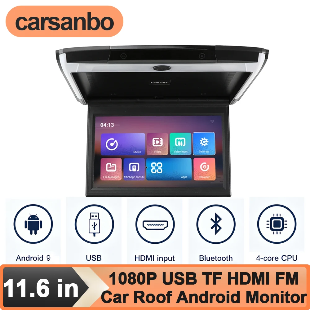 Carsanbo 11,6 Zoll Auto-Dachmonitor 1080P Flip-Screen Android 9 Multimedia-Videoplayer Fernbedienung USB HDMI TF FM BT