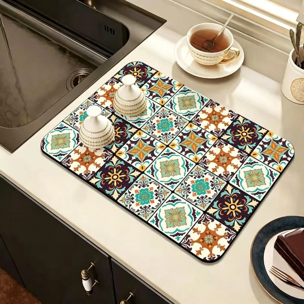 VIKAMA Kitchen Drain Mat Nordic Geometric Heart Snowflake Print Kitchen Counter Mat Highly Absorbent Fast Drying Anti Skid