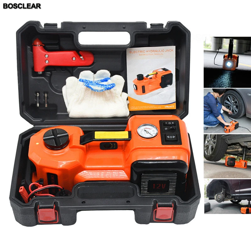 Electric Car Hydraulic Lift Jack 5Ton Tire Inflator Pump and LED Flashlight With Safe Hammer tire change tools box professional