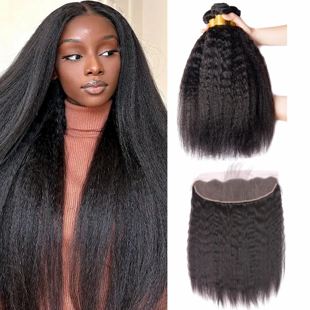 

Kinky Straight Human Hair 3 Bundles With Closure 4X4/13X4 Transparent Lace Long 30 inch Yaki Straight Bundles With Frontal Remy