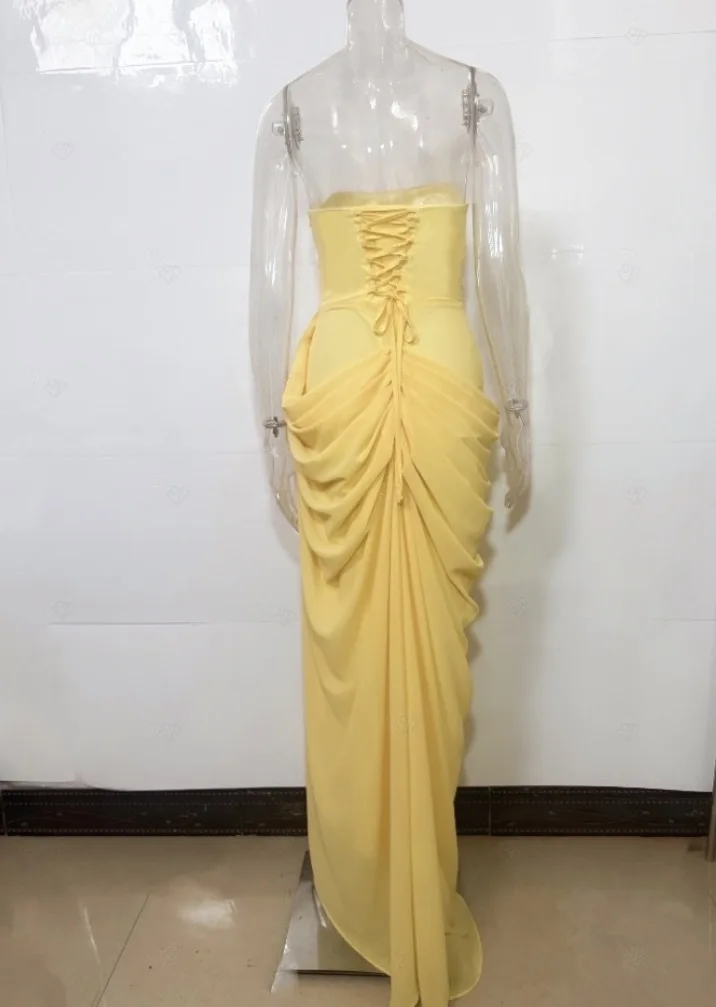 Mingmingxi Spring Summer Yellow Strapless Maxi Dress Ruched High Slit Evening Gown Bodycon Wedding Guest Party Dress Women