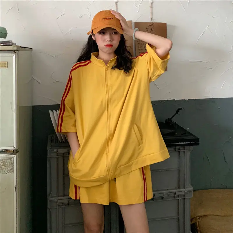 

2 pcs Suit For Women Two Piece Track Suit Shorts Tracksuit Short Sleeve Shirts Pants Set 2 Pieces Pant Suits Yellow Sweat Suits