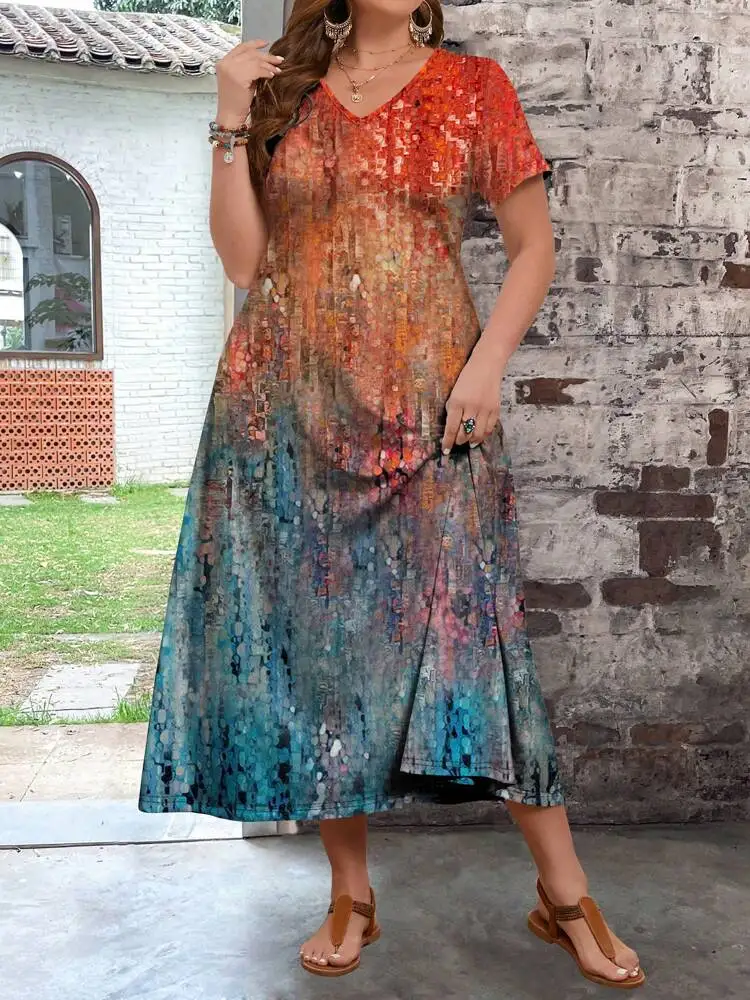 

2024 Spring and Summer Cross border plus size women's summer short sleeved V-neck dress with floral print T-shirt skirt for wome