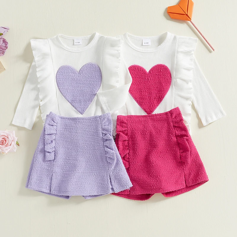 Kids Baby Clothes Girls  Autumn Spring Ruffle Long Sleeve Heart Embroidery Top Skorts Sets 2PCS Outfits