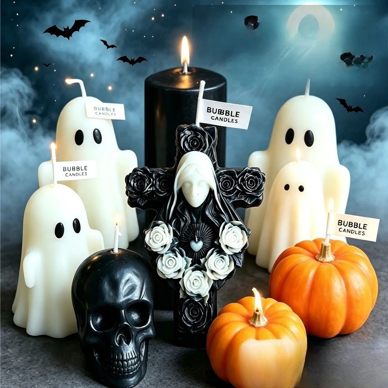 Halloween Duftkerze Geister-, Totenkopf-, Kreuz- und Kürbisform Kerze Kreatives Aromatherapie-Ornament für Heim-, Party- und Festdekoration Geschenk
