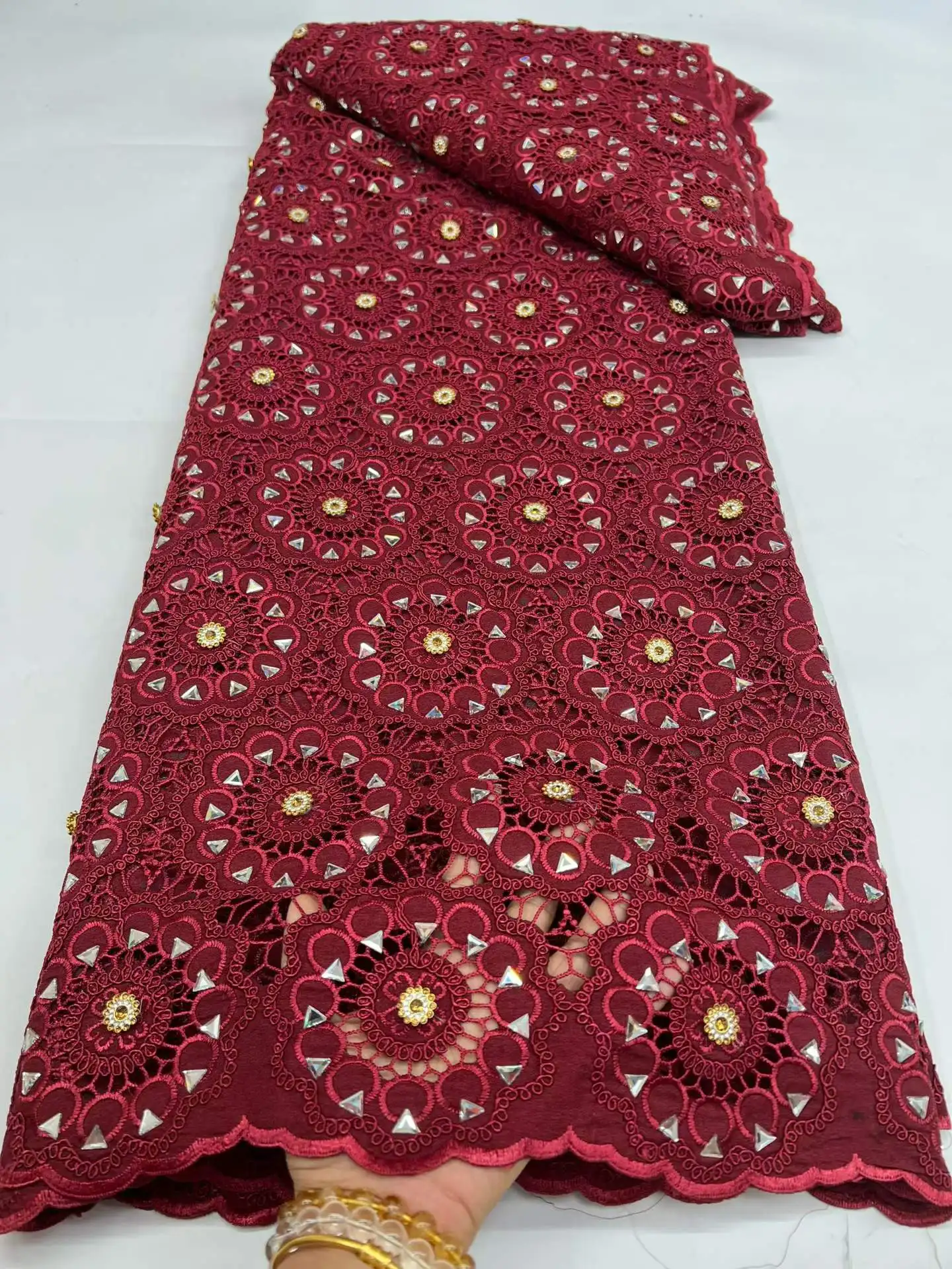 

Африканское кружевное полотно 5 ярдов, высококачественное, 2026, винное кружево с роскошной вышивкой камнями, для нигерийских праздничных платьев, RFA85HB