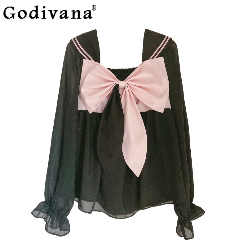 

Japanese Girl Sweet Cute Bow Lolita Long-sleeved Shirt Women Autumn Fashion Casual All-Match Inner Blouses Female Loose Y2k Tops