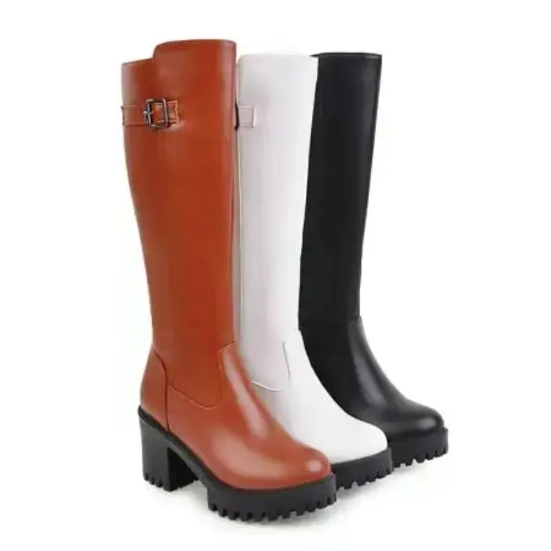 2025 Winter Platform Knee High Boots Women Fashion Round Toe Warm Long Boot Thick Heel Woman Shoes Large Size 43 Bottes Femmes