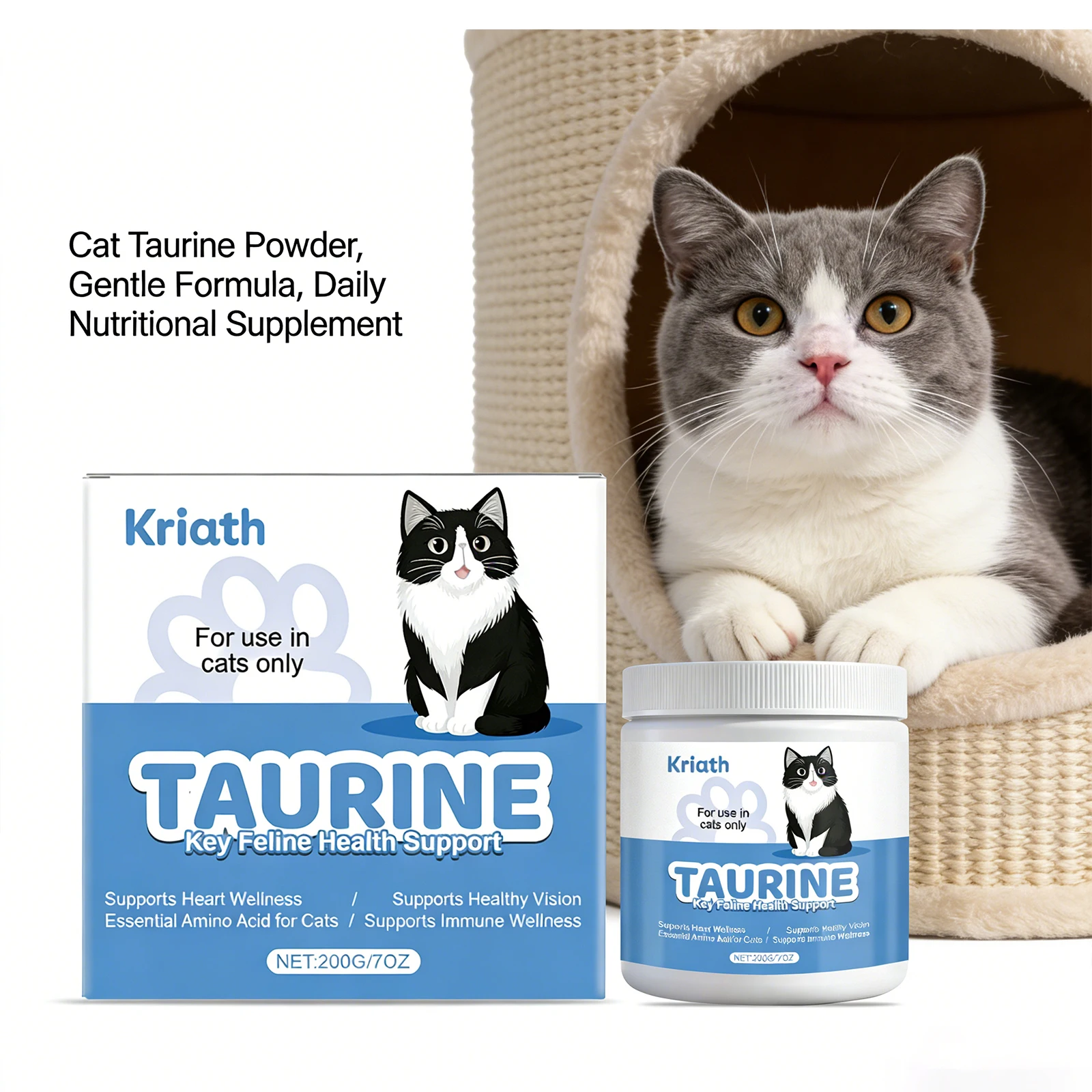 Polvo de Taurina para Mascotas, Mantiene la Función Cardíaca Normal, Protege la Función Visual, Multivitamínico, Fórmula Suave, Suplemento Nutricional para Gatos