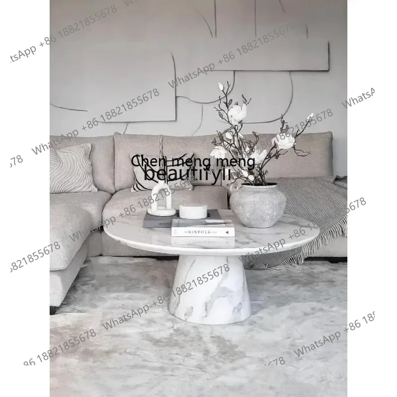 

178French large white marble light luxury retro designer cream wind round coffee table2936
