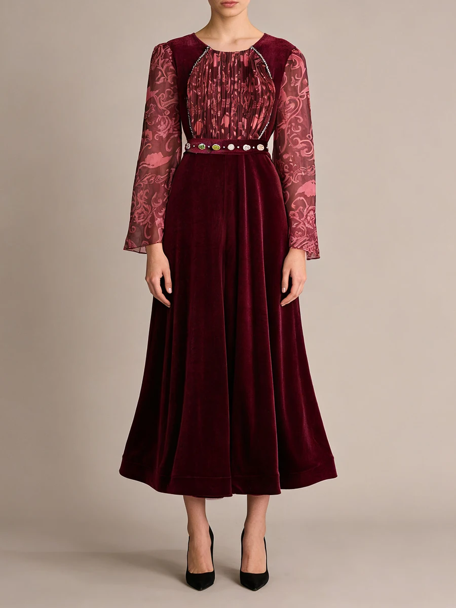 VGH ريترو فاخر المرقعة حزام معدني فستان مخملي للنساء س الرقبة طويلة الأكمام تقسم طباعة بقماش شفاف فساتين متوسطة الطول الإناث #3