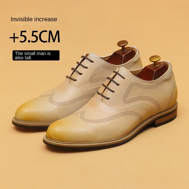 

Men's Hidden Height Increase Shoes, Invisible Elevator Business Formal Wedding Oxfords, White British Brogue Dress Shoes for Men