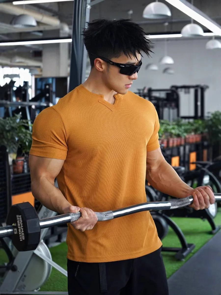 

2025 Men Summer Slim Fit Fashion T Shirt Fitness Motion Hip Hop Streetwear Running And Fitness V Neck trend Breathable Top