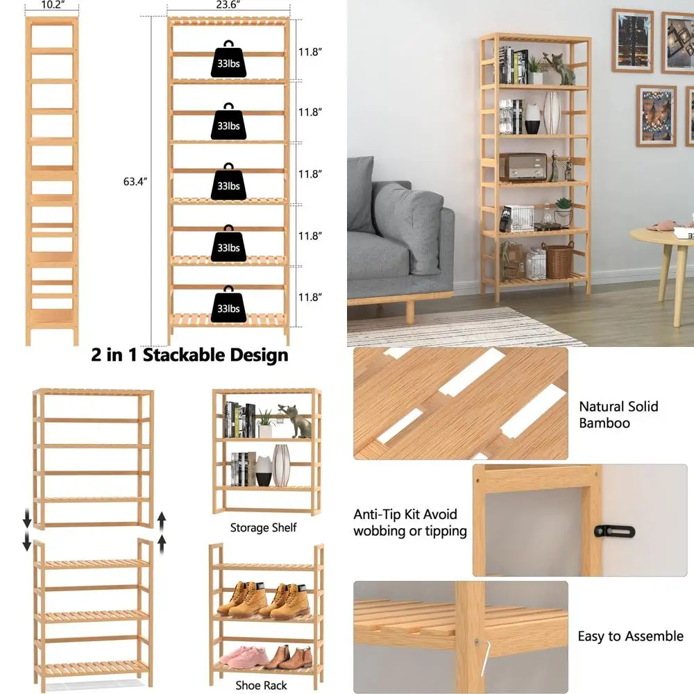 

Регулируемая 6-уровневая бамбуковая книжная полка — высокий блок для хранения для дома и ванной комнаты