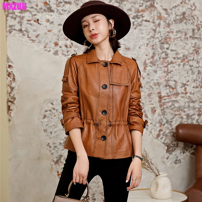 Natural Sheepskin Coat Women Lapel Single-Breasted Short Leather Jacket Korean Fashion Waist Closing Slim Chaquetas Bikers Mujer