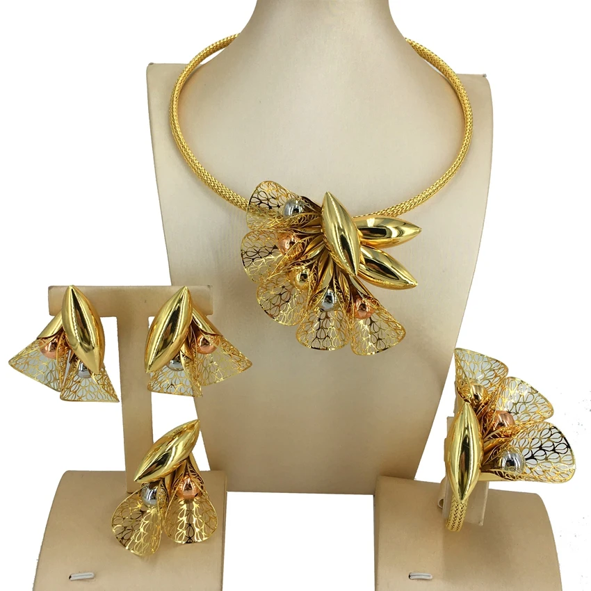 Latest Exquisite Brazilian Gold Plated Fashion Jewelry Set Wedding Bridal Colorful Full Copper Necklace Gifts FHK14411