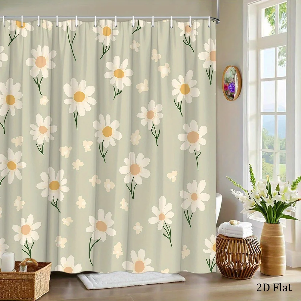 1pc Daisy Flower Shower Curtain with White Petals & Yellow Centers - Whimsical Cartoonish Design, Playful Minimalist Polyester B