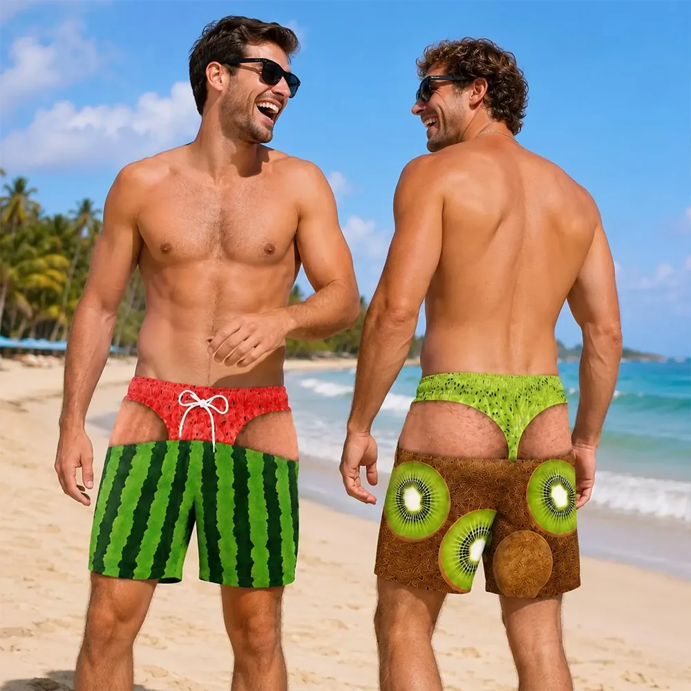 Novelty Funny Tropical Fruit Print Swim Trunks Summer Men's Quick Dry Surfing Shorts Optical Illusion Pattern Beach Party Shorts