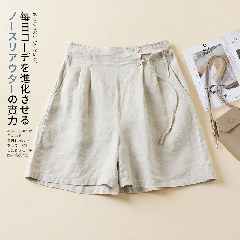 Women Pure Linen High Waist Shorts Side Drawstring Double Buttons Pleated Loose Casual Wide Leg Shorts