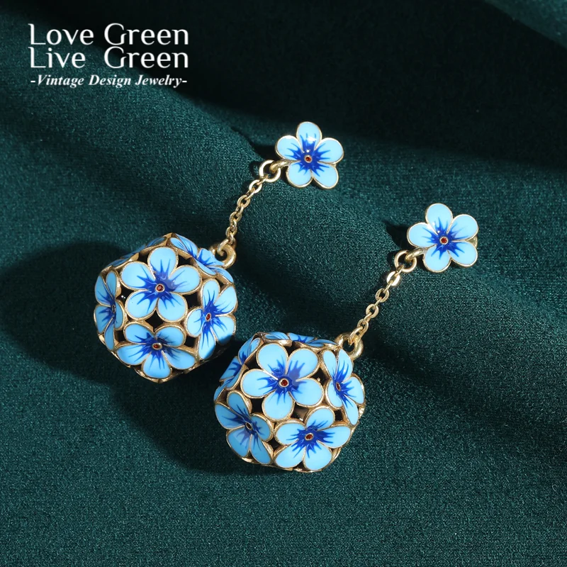 

Vintage Hollow Blue Flower Drop Long Hanging Earrings Pendant Woman Gold Color Elegant Luxury Quality Jewelry Designer 2025 New
