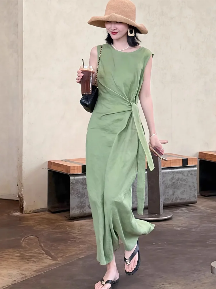 

Льняное платье ROUJE KEFSS в стиле кэжуал-шик, летний дизайн, с завязками на талии, без рукавов, длинное, А-силуэт, миди, с круглым вырезом