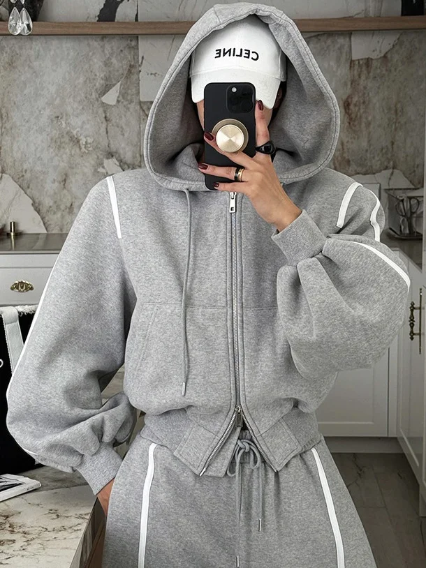 

Dongda Gate Hooded Zipper Fce Sweatirt Jaet High Waist Straight Leg Wide Leg Pants Casual Sports Set Women's Faion