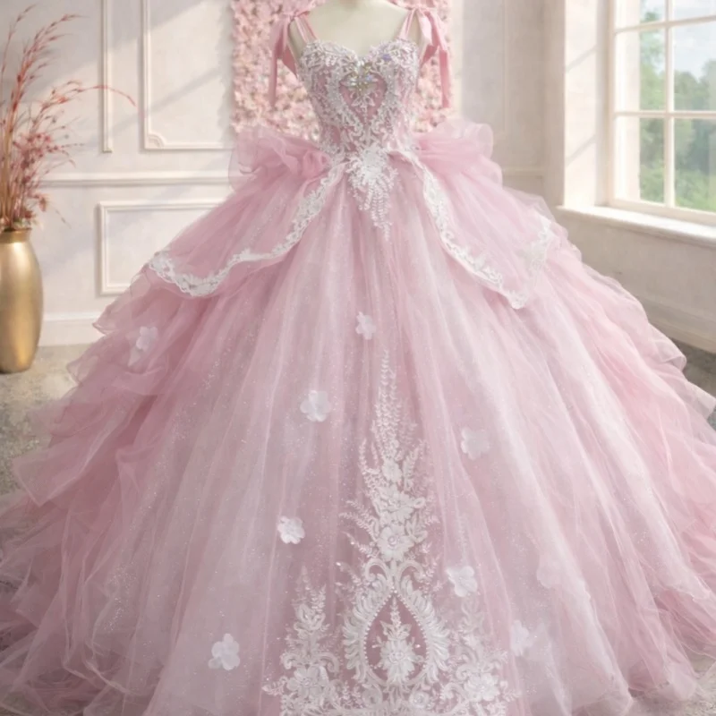 

Light Pink Quinceanera Dresses Off the Shoulder Glitter Crystal Lace Flower Decal Long tail Vestidoe 15 Quinceanera Customize