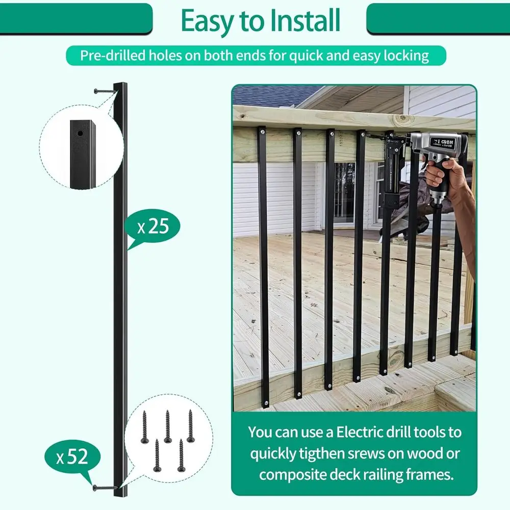 36 Hollow Rectangular Stair Railing for Deck and Indoor Stairs, 25-Pack with Screws for Outdoor Porch Railing