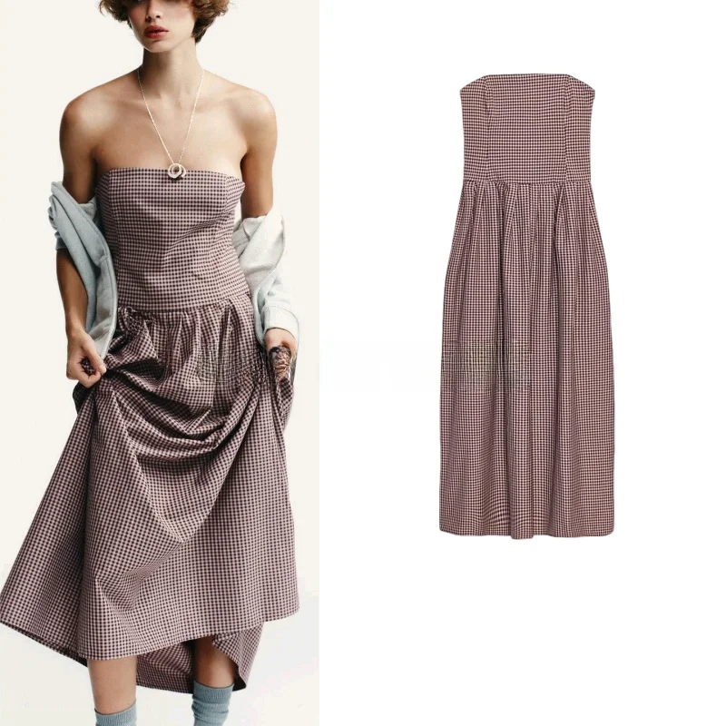 

New Autumn Women's Dr Gored Design oulder Bared Straight Ne Plaid Tube Dr Sexy X Version Svel Silk Polyester