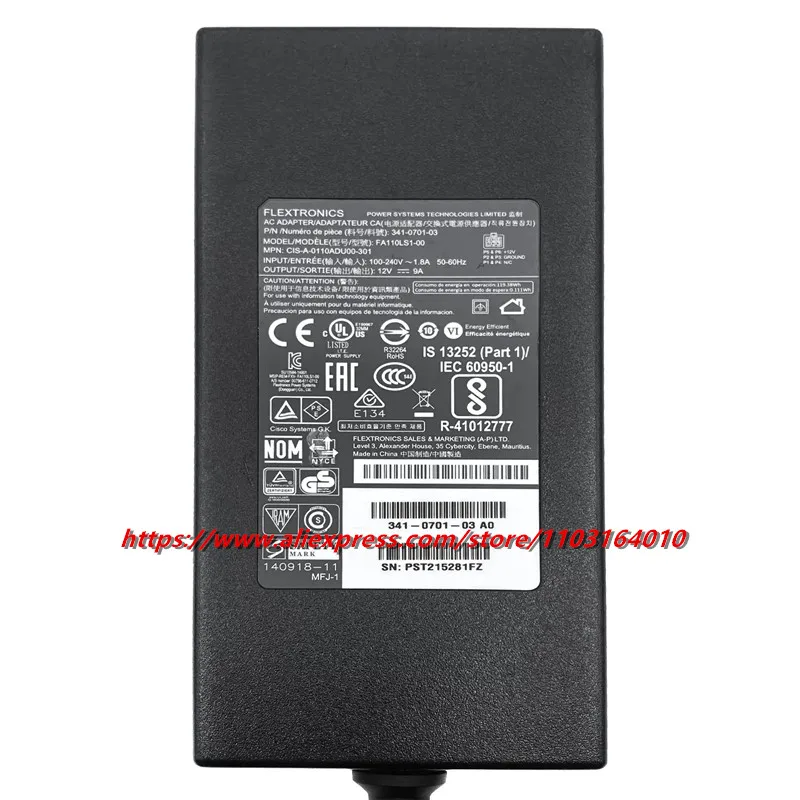 Genuine FA110LS1-00 341-0701-01 AC Adapter 12V 9A for Cisco PWR-4320-AC ISR4321 PWR-4320 4321 Router ISR 4321/K9 Molex 6 Pins