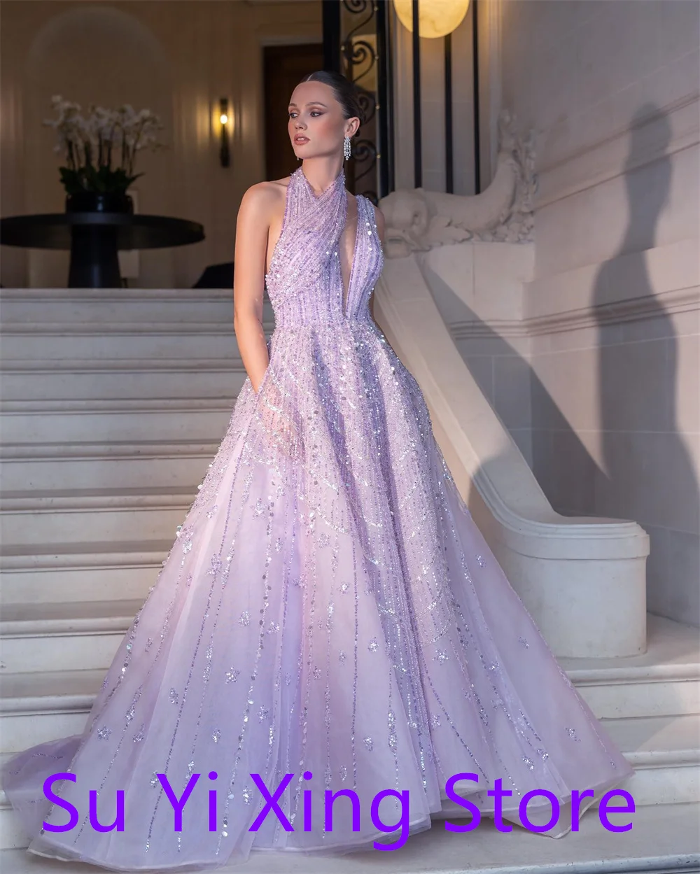 Customized Exquisite Purple  Homecoming Dress Sparkly Crew Neck V-Neck Tiered Crystal Backless  Customized Vestido De Festa