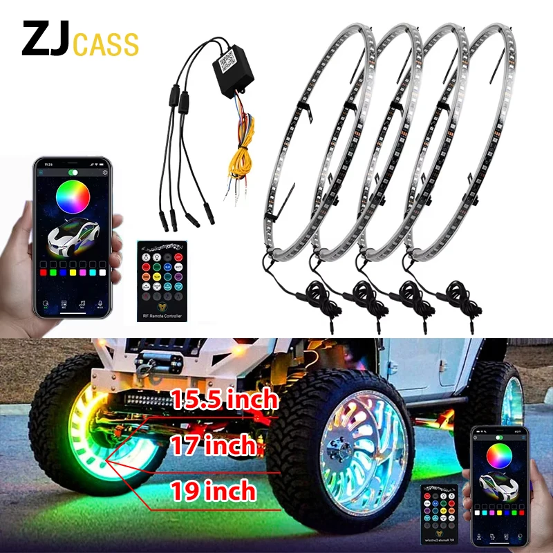 

4 шт. RGB-подсветка на колесо автомобиля для 15,5 дюймов, 17 дюймов, 19 дюймов, приложение/дистанционный автомобильный концентратор, 12 В, светодиодный светильник с тормозным рулевым управлением, фантомная неоновая лампа